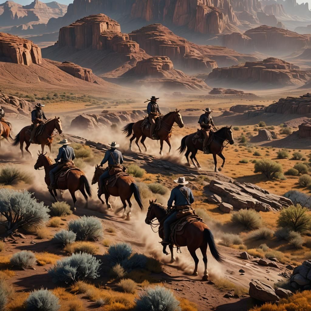 Cowboys Ride Across Landscape: Detailed Matte Painting