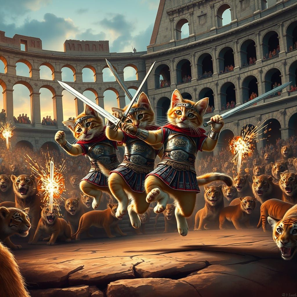 Vibrant Roman Gladiator Kittens Dance in the Colosseum