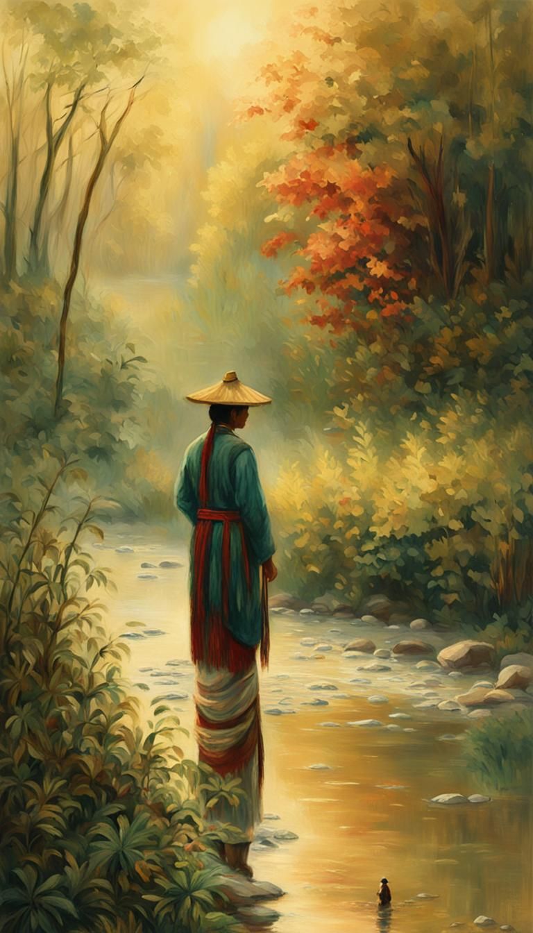 Impressionist Amazonian Figure by Stream in Golden Light