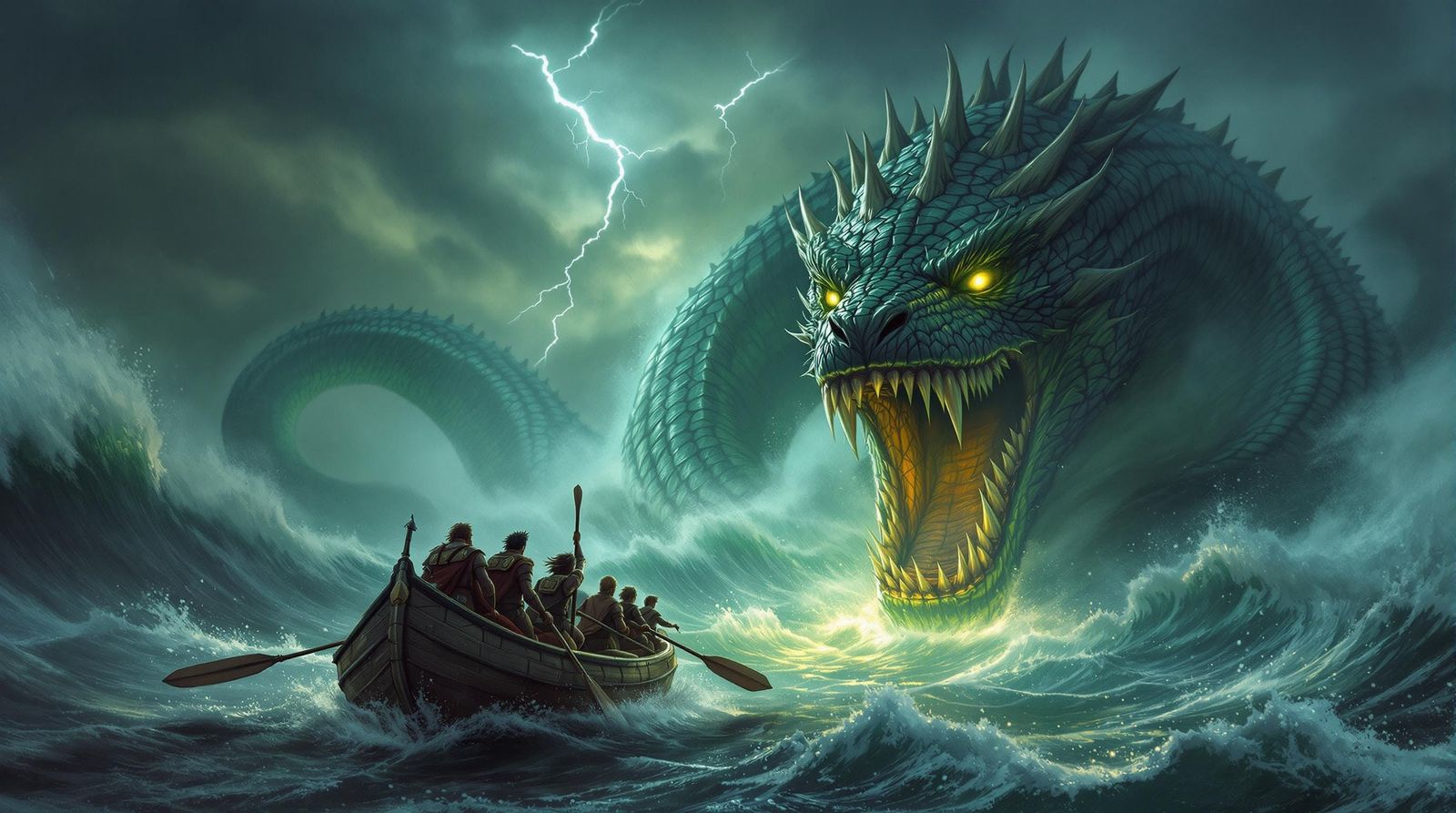 Mythical Serpent Emerges from Stormy Ocean in Epic Art