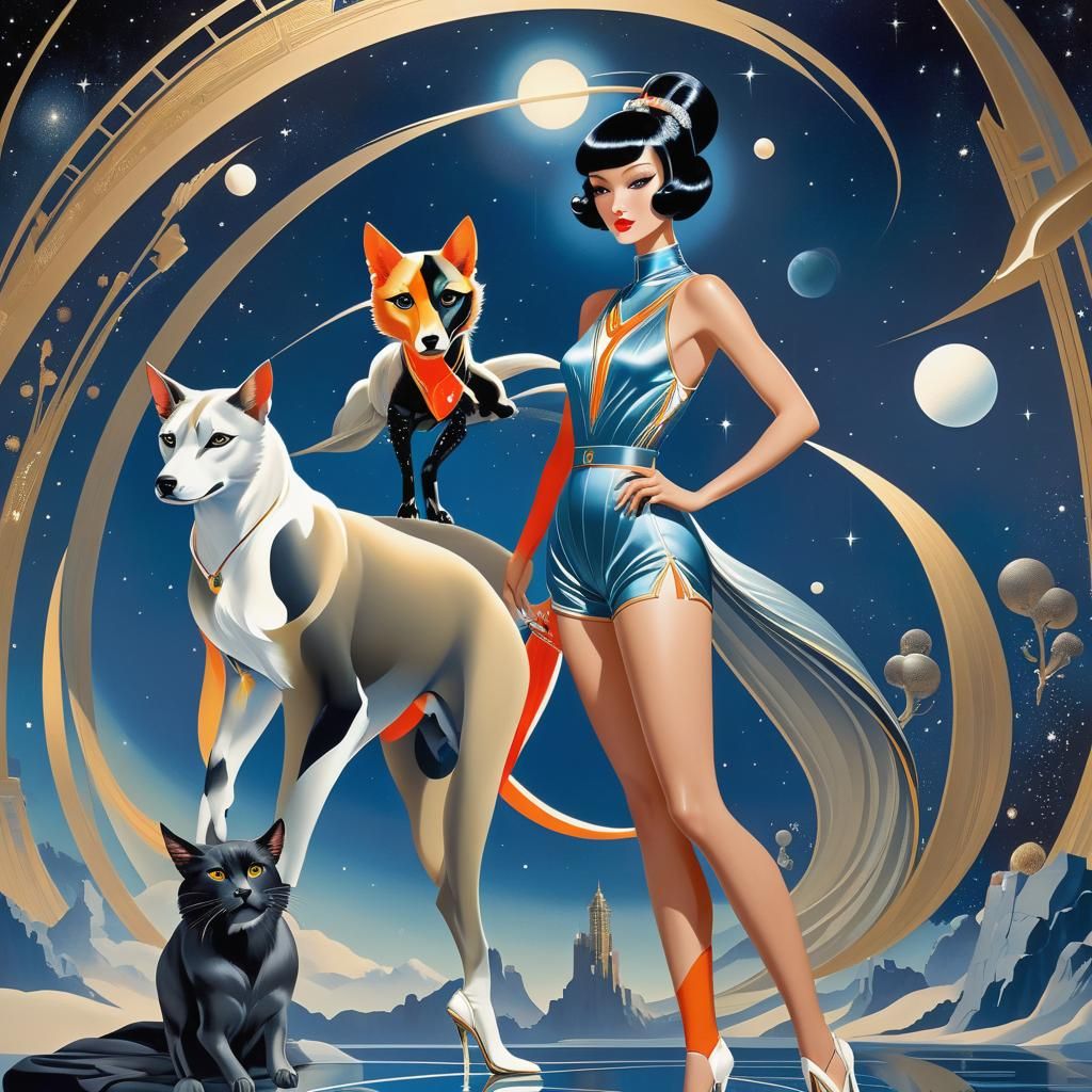 Science Fiction Girl with Pets in Erte Style