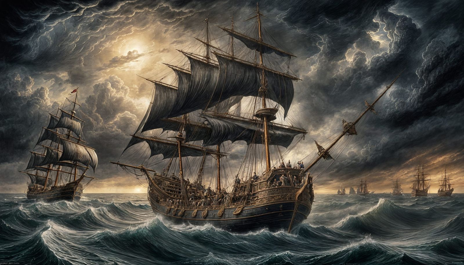Spanish Galleon on Stormy Seas: Doré-style Pencil Drawing