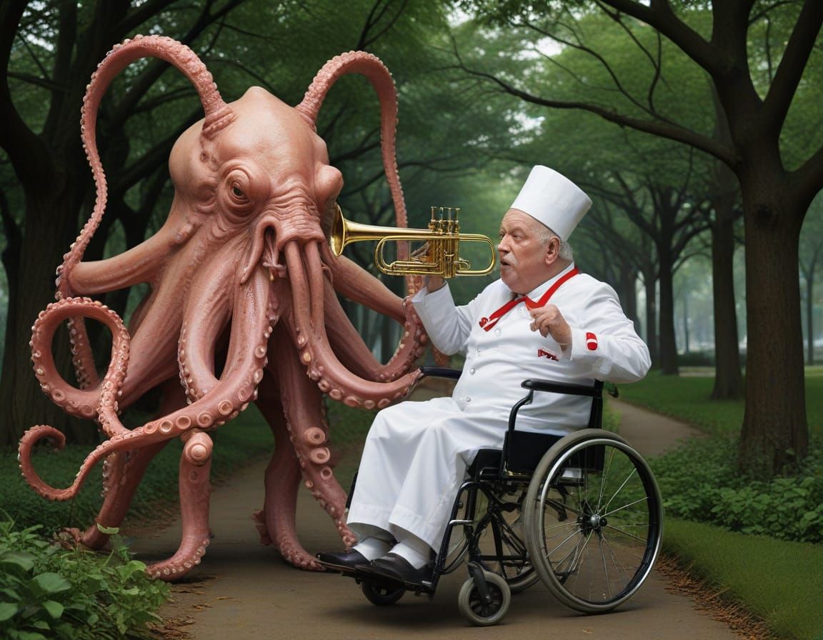 Octopus in Nurse's Uniform Plays Trombone in City Park