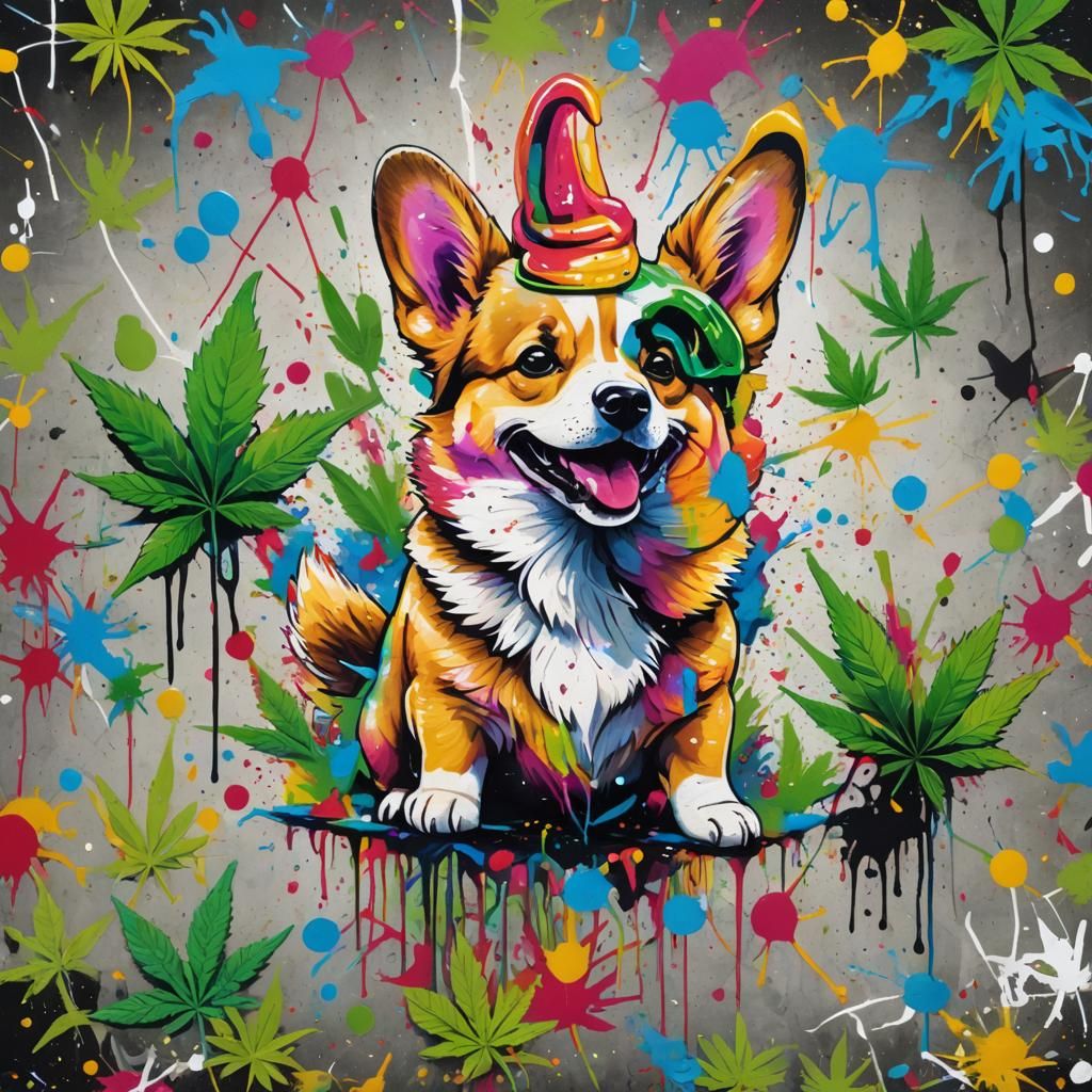 Happy Corgi Stoner Graffiti Art in Street Style