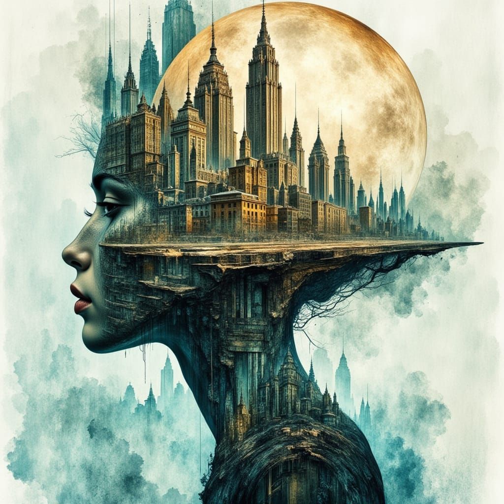 Surreal Woman Cityscape Portrait in Watercolor and Ink