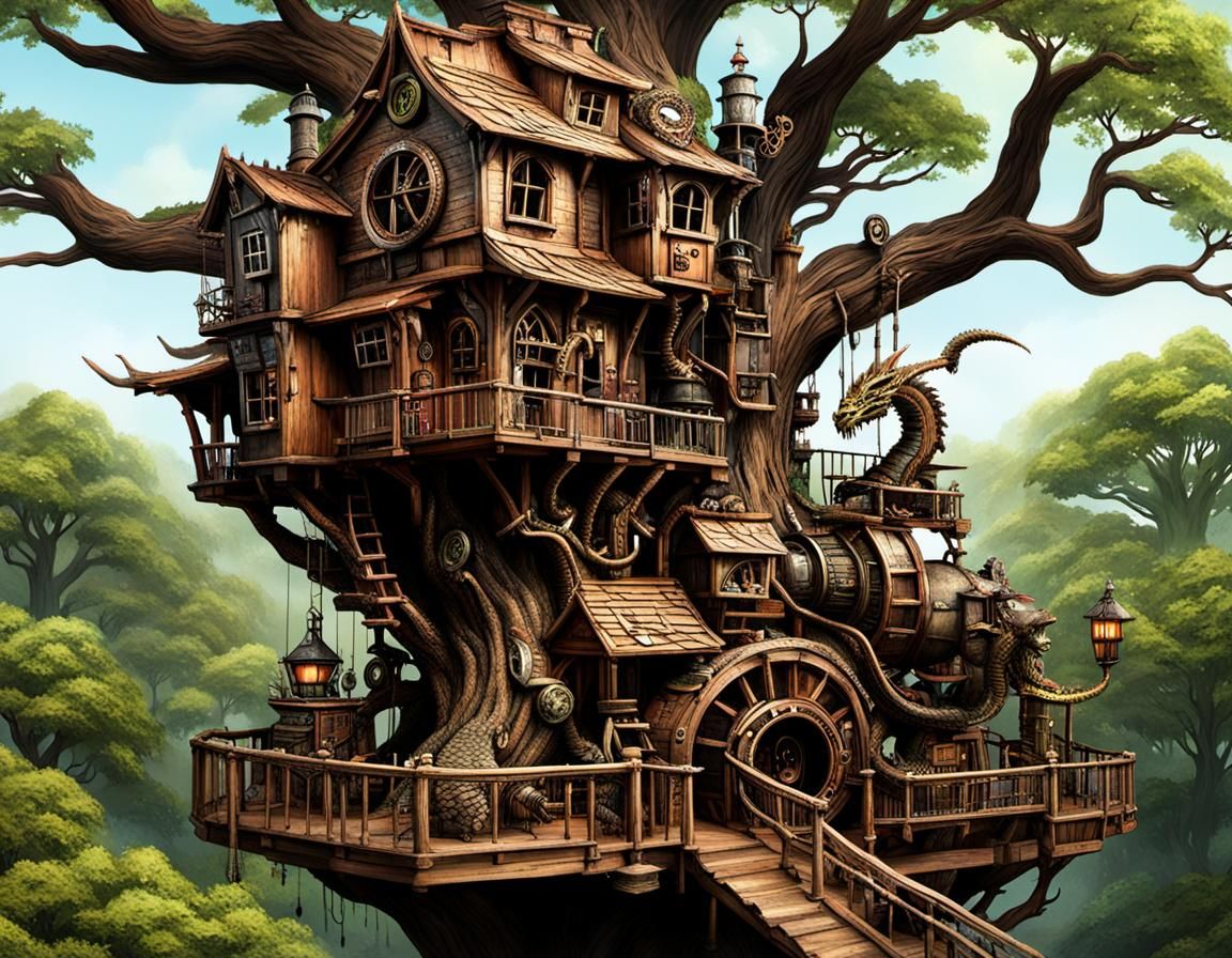 Steampunk Dragon in a Creepy Treehouse