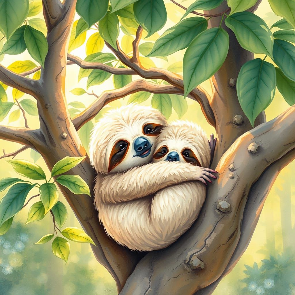 Sloth Mother and Baby in a Whimsical Forest Scene