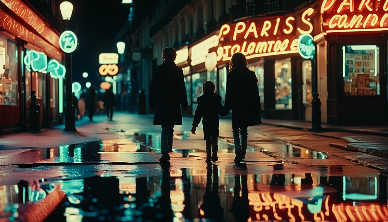 Paris Street at Night with Neon Reflections