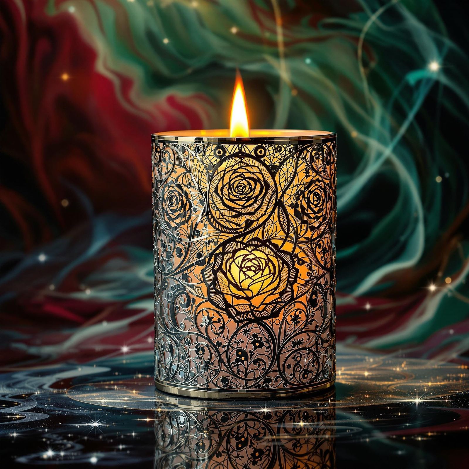Hand-Engraved Musical Rose Candle in Art Nouveau Style
