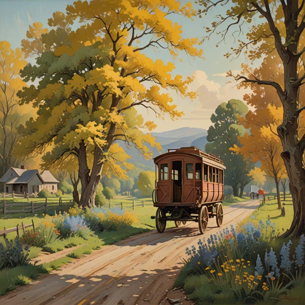 Idyllic 19th-Century Railroad Crossing Scene with Rustic Wag...