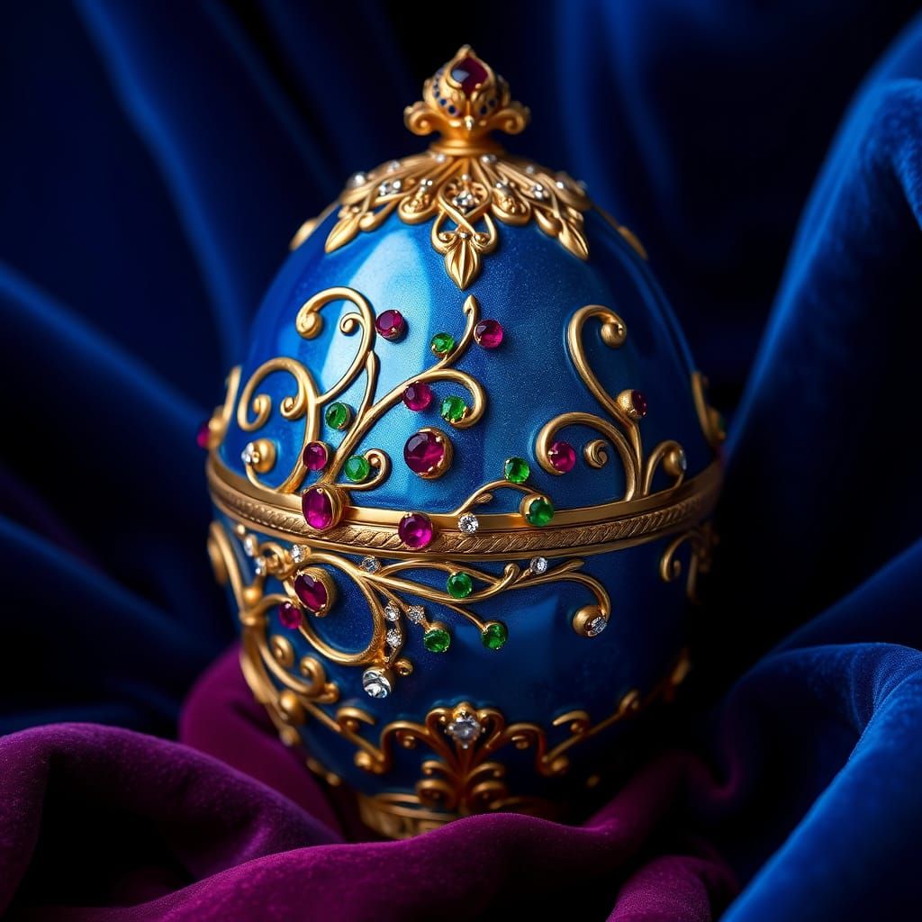 Luxurious Blue and Gold Faberge Egg with Precious Gems