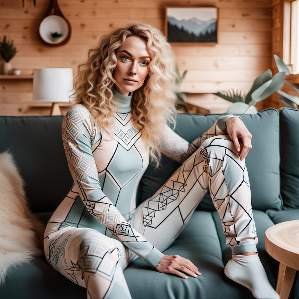 Woman in Geometric Unitard in Scandinavian Cabin
