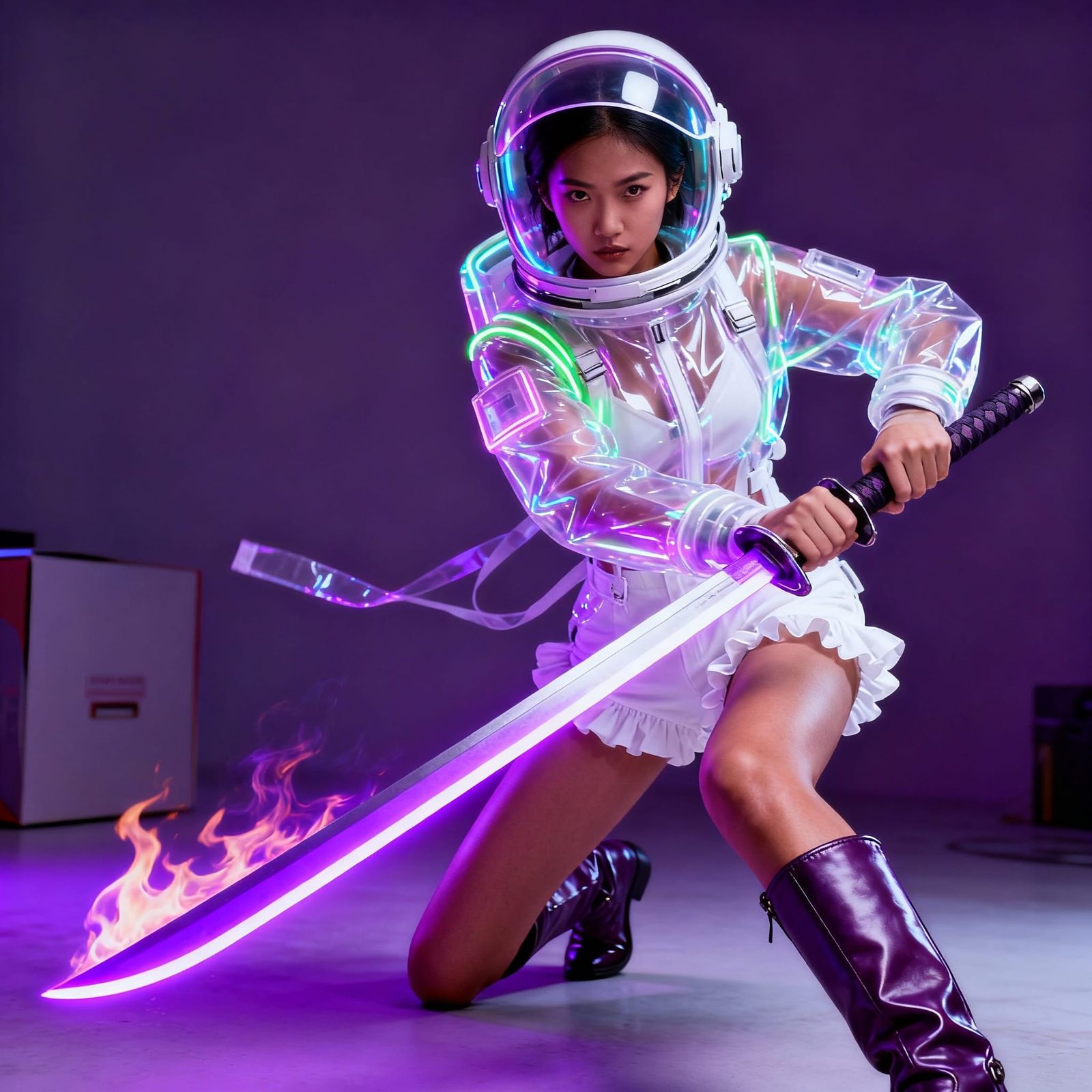 Oriental Space Warrior with Neon Sword in Dynamic Pose