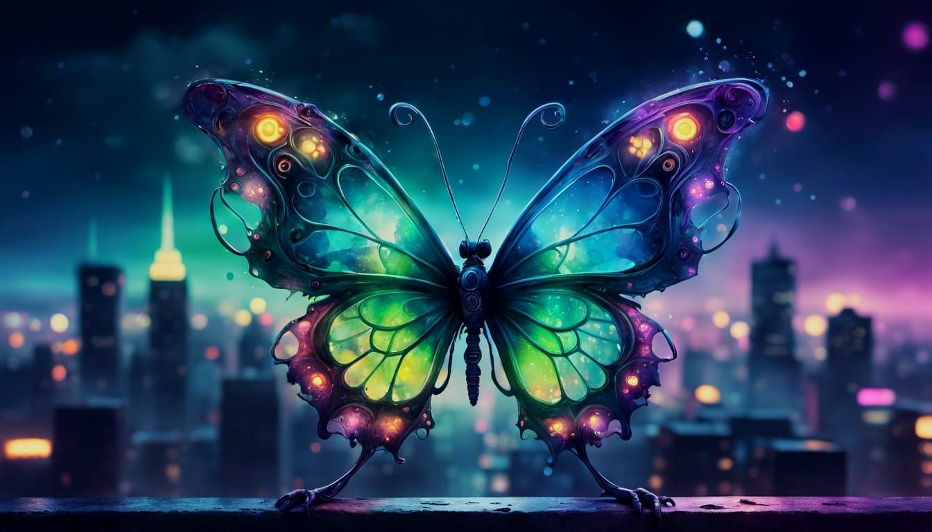 Mystical Neon Butterfly Unveiled in Urban Fog