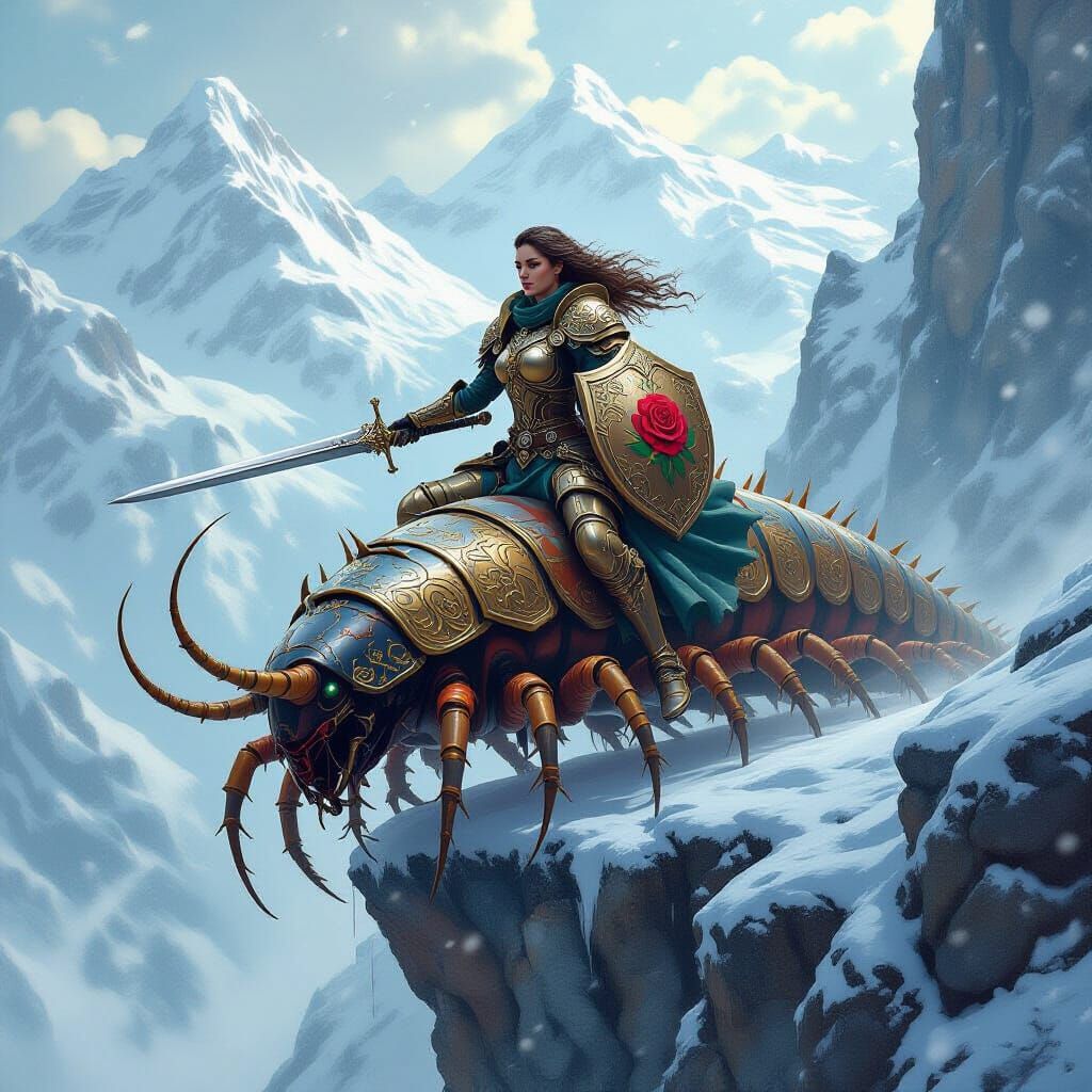 Armored Woman Rides Centipede Down Snowy Cliff