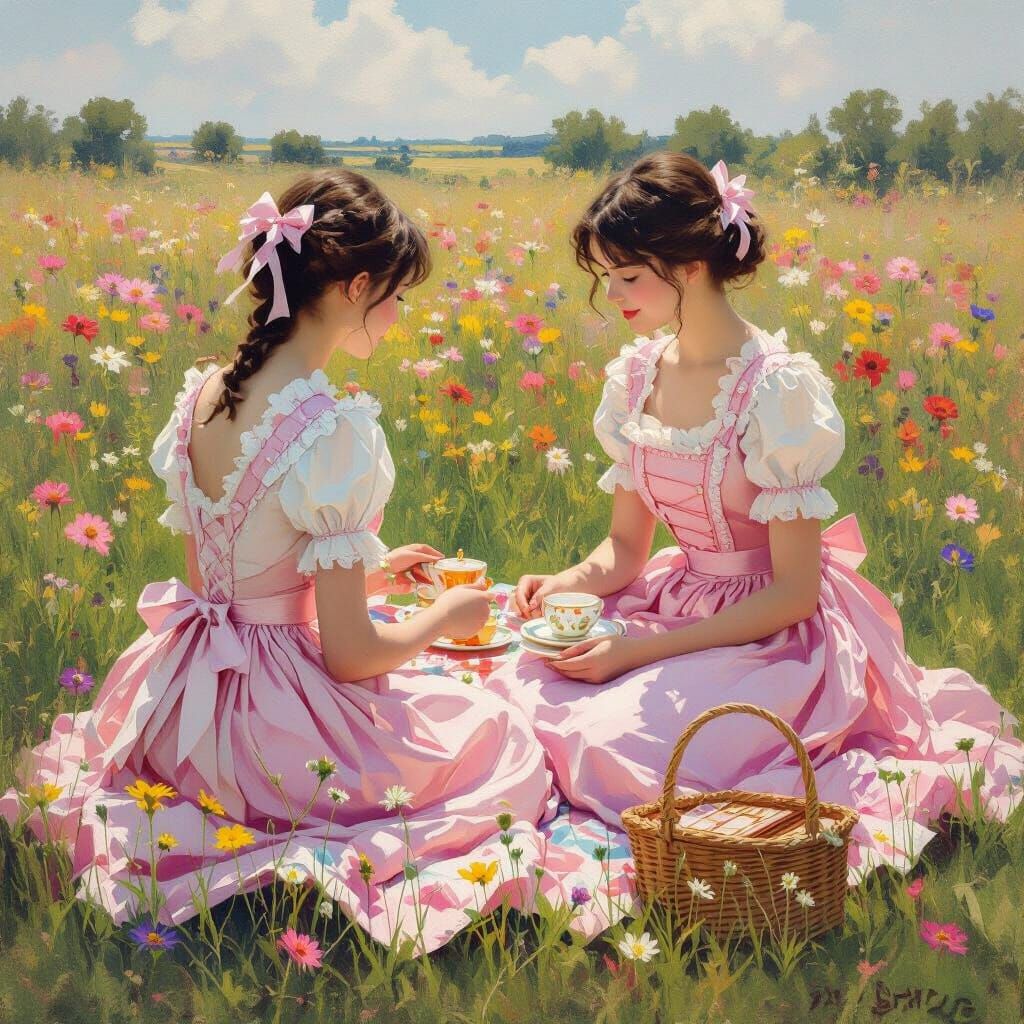 Tea Party in a Wildflower Field, Impressionist Style