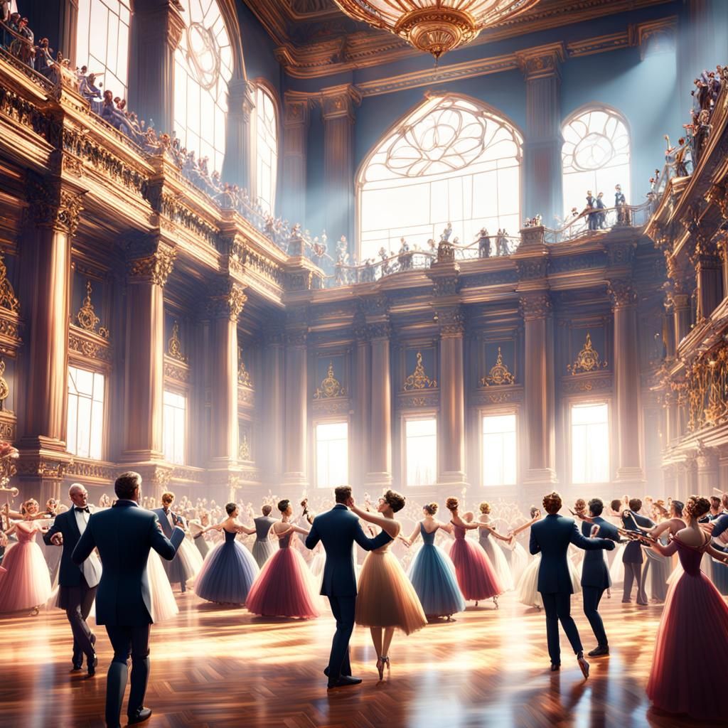 Lively Ballroom Dance in Detailed Matte Painting Style