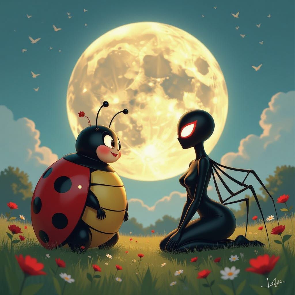 Ladybug and Spider Women in Surreal Moonlit Landscape