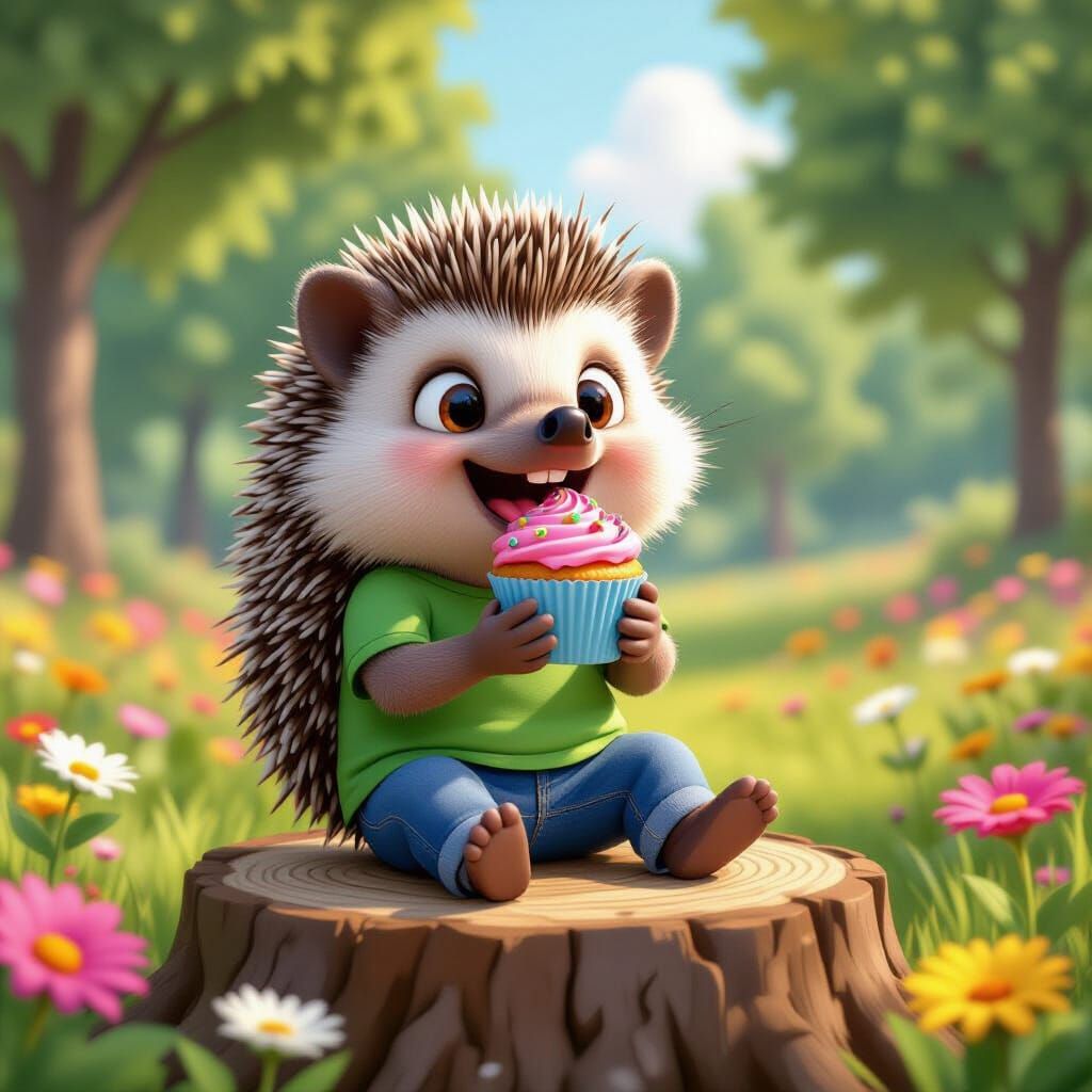 Cute Hedgehog Enjoys Cupcake in Park, Pixar Style