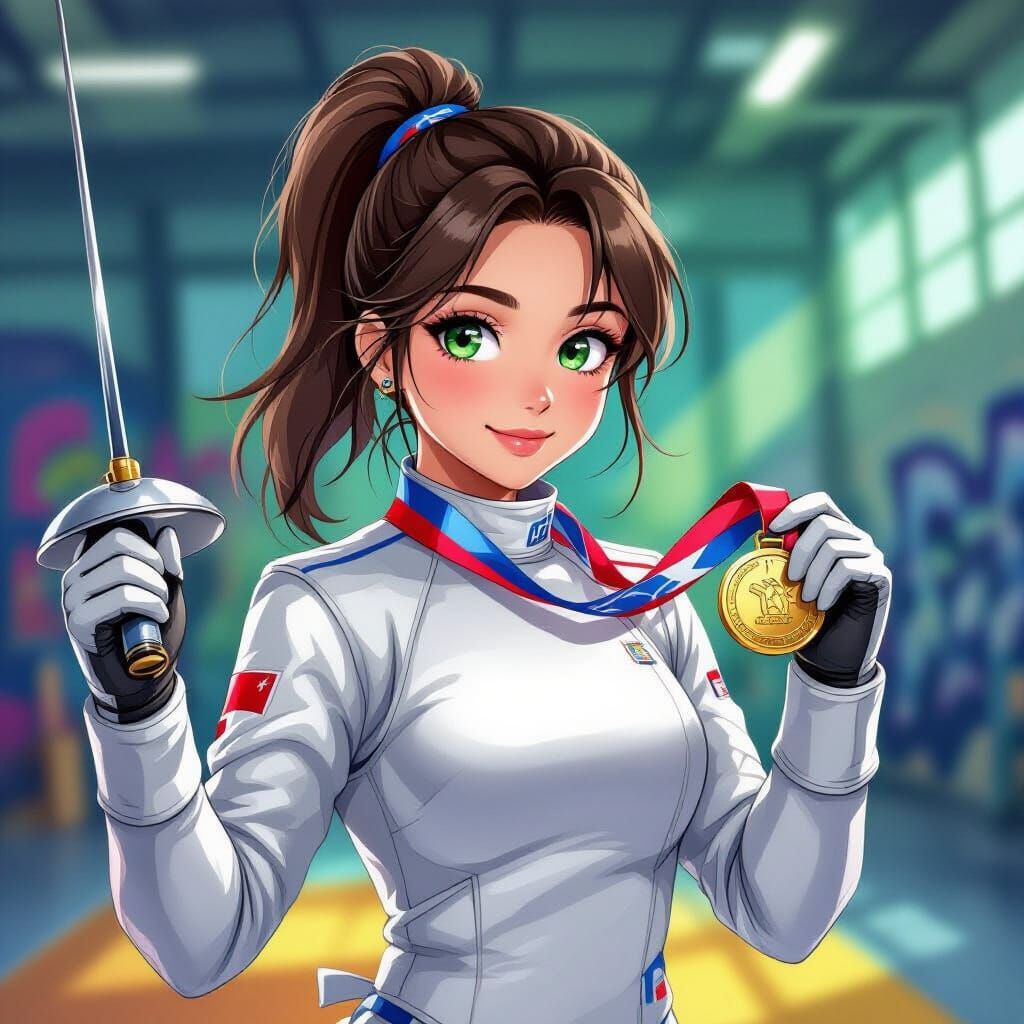 Fencer Woman with Gold Medal in Anime Style