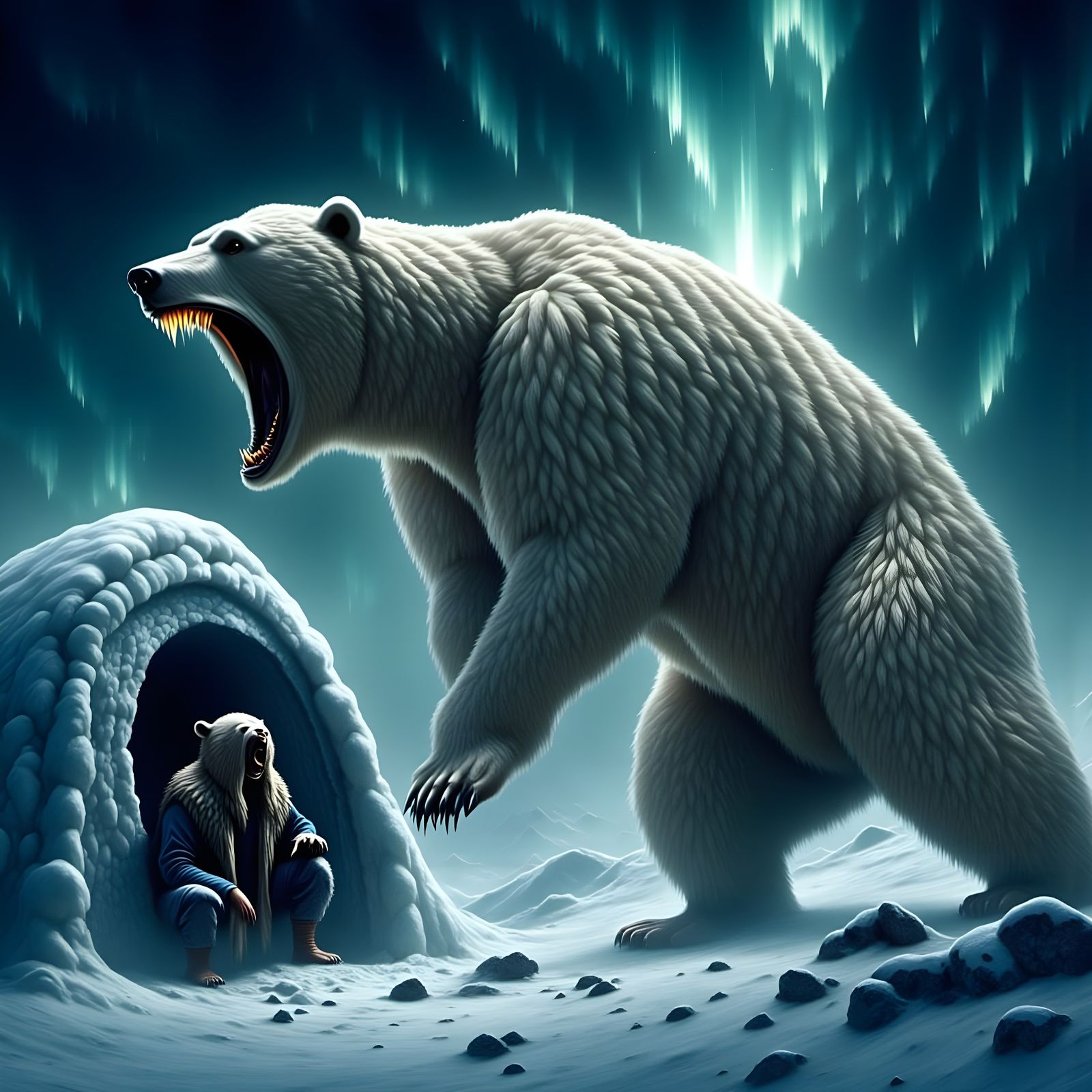 Hyperrealistic Polar Bear Confronts Eskimo Woman in Igloo