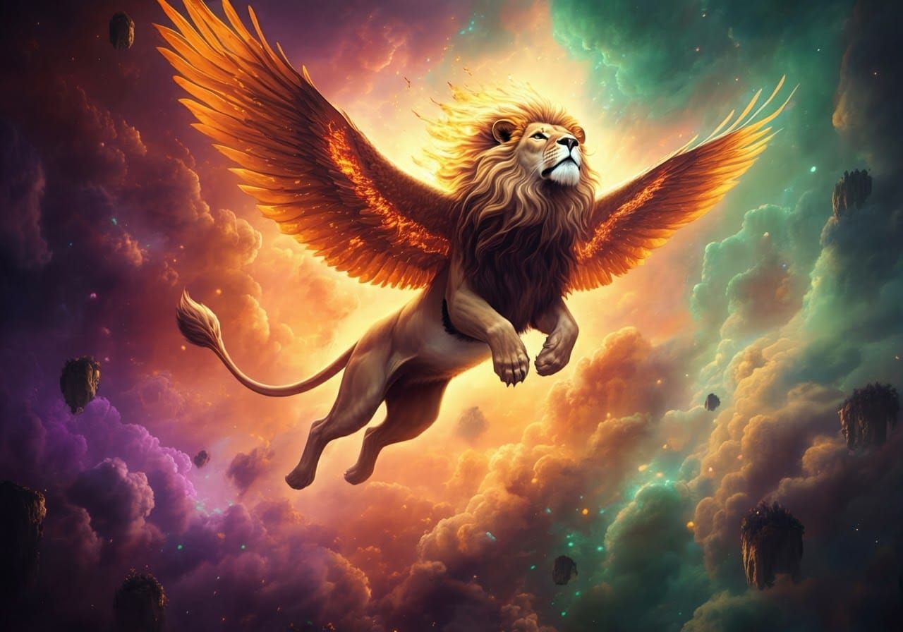 Majestic Flying Lion Soaring Through Colorful Sky