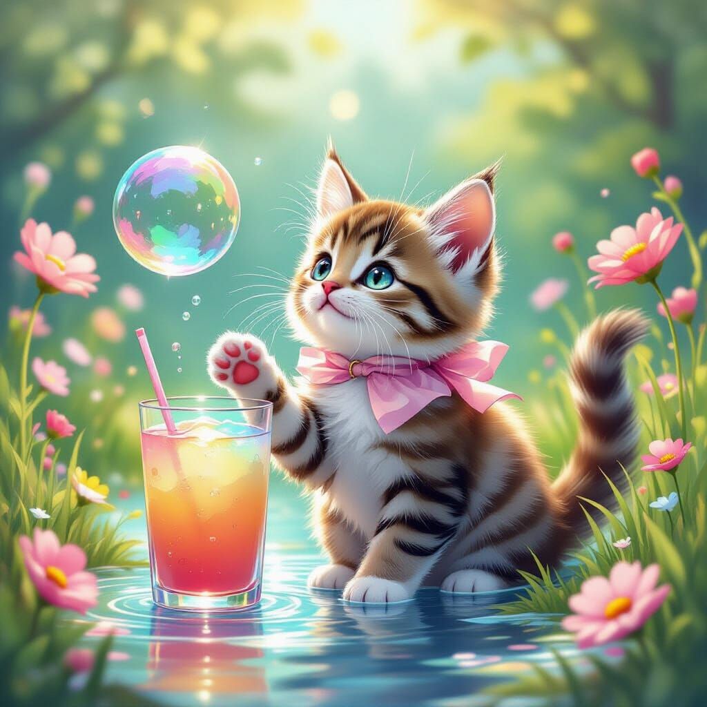 Anime Kitten Plays with Iridescent Bubble