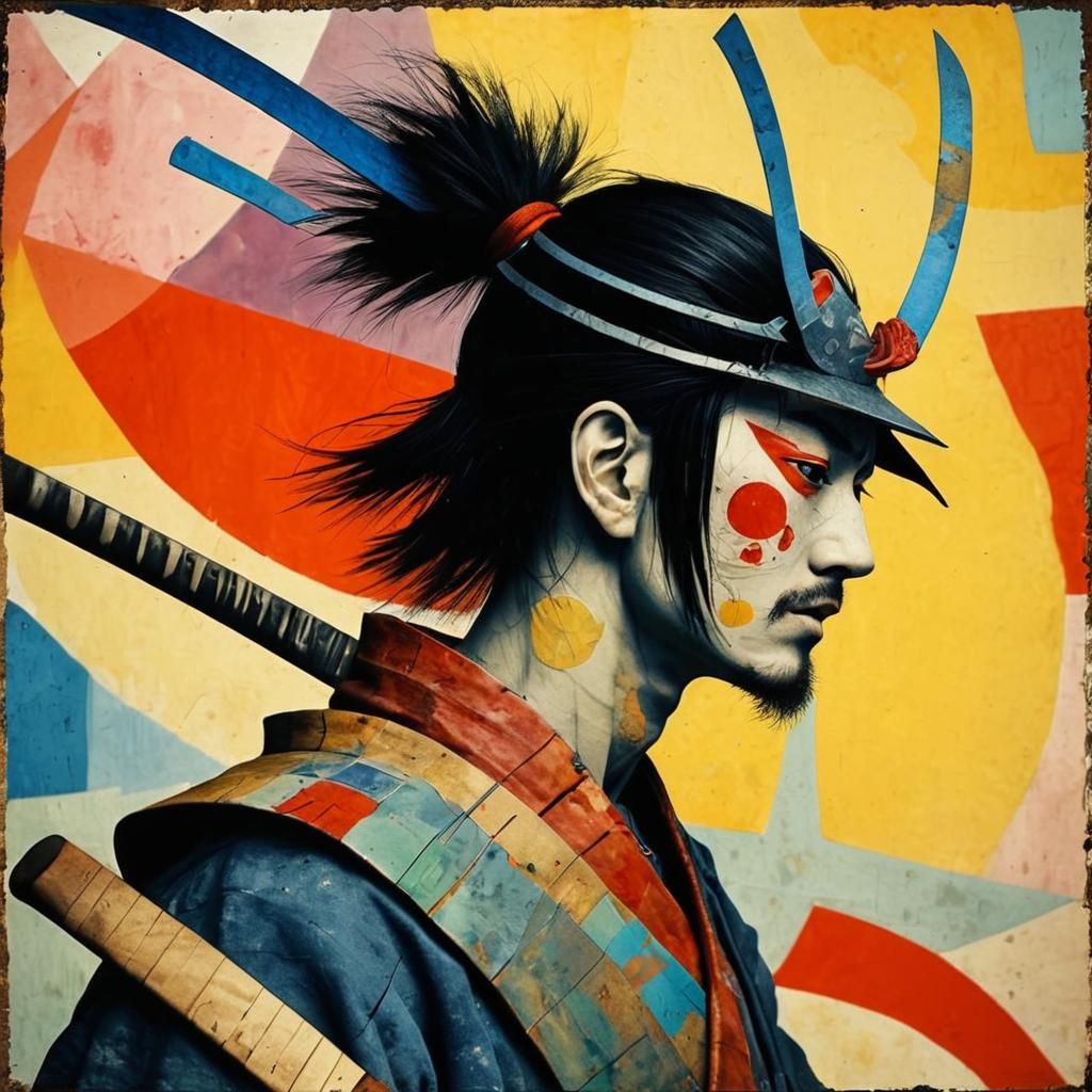 Epic Samurai Portrait in Art Brut Style