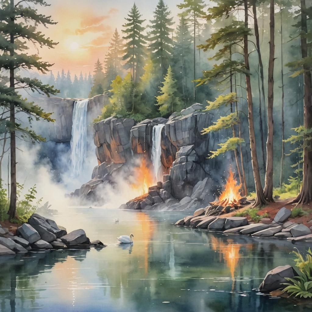 Serene Elements Combine in Vibrant Watercolor Masterpiece