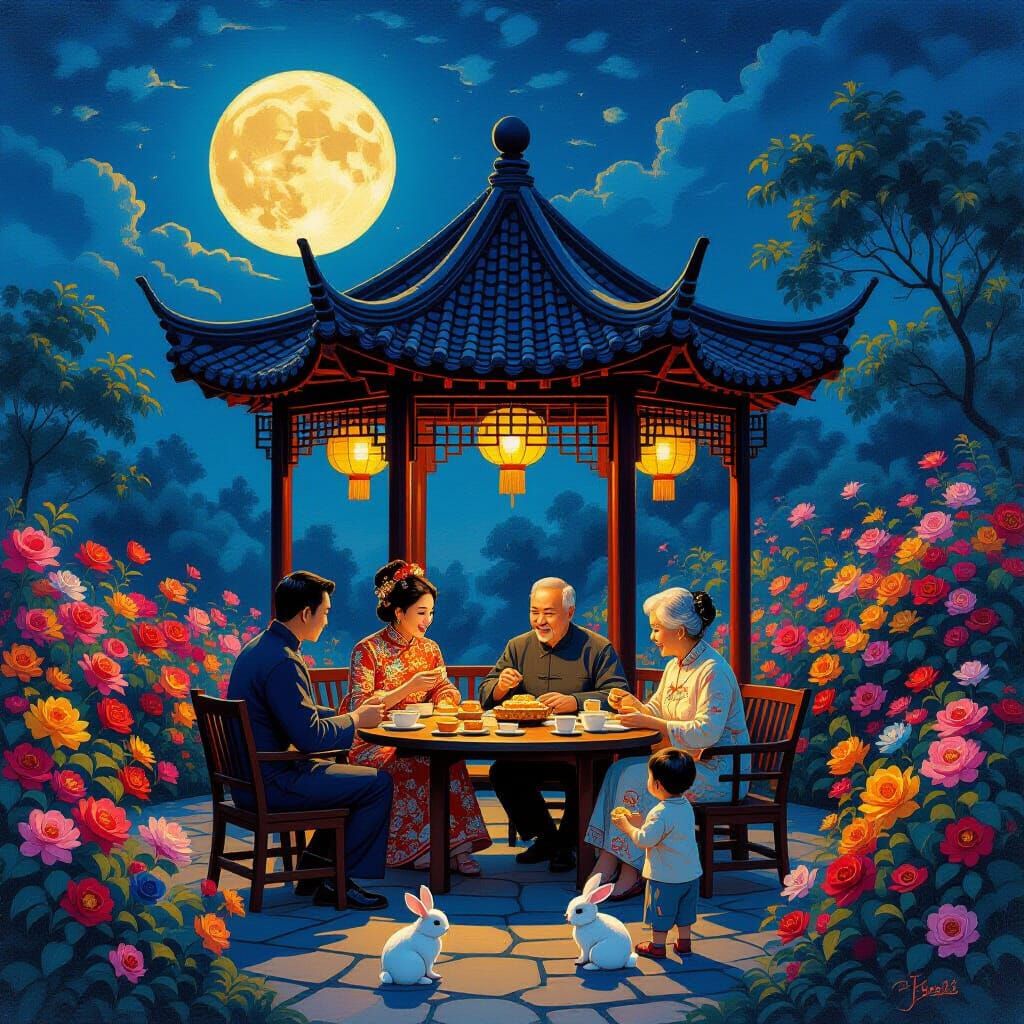 Tranquil Garden Scene Under Full Moon with Chinese Pavilion ...