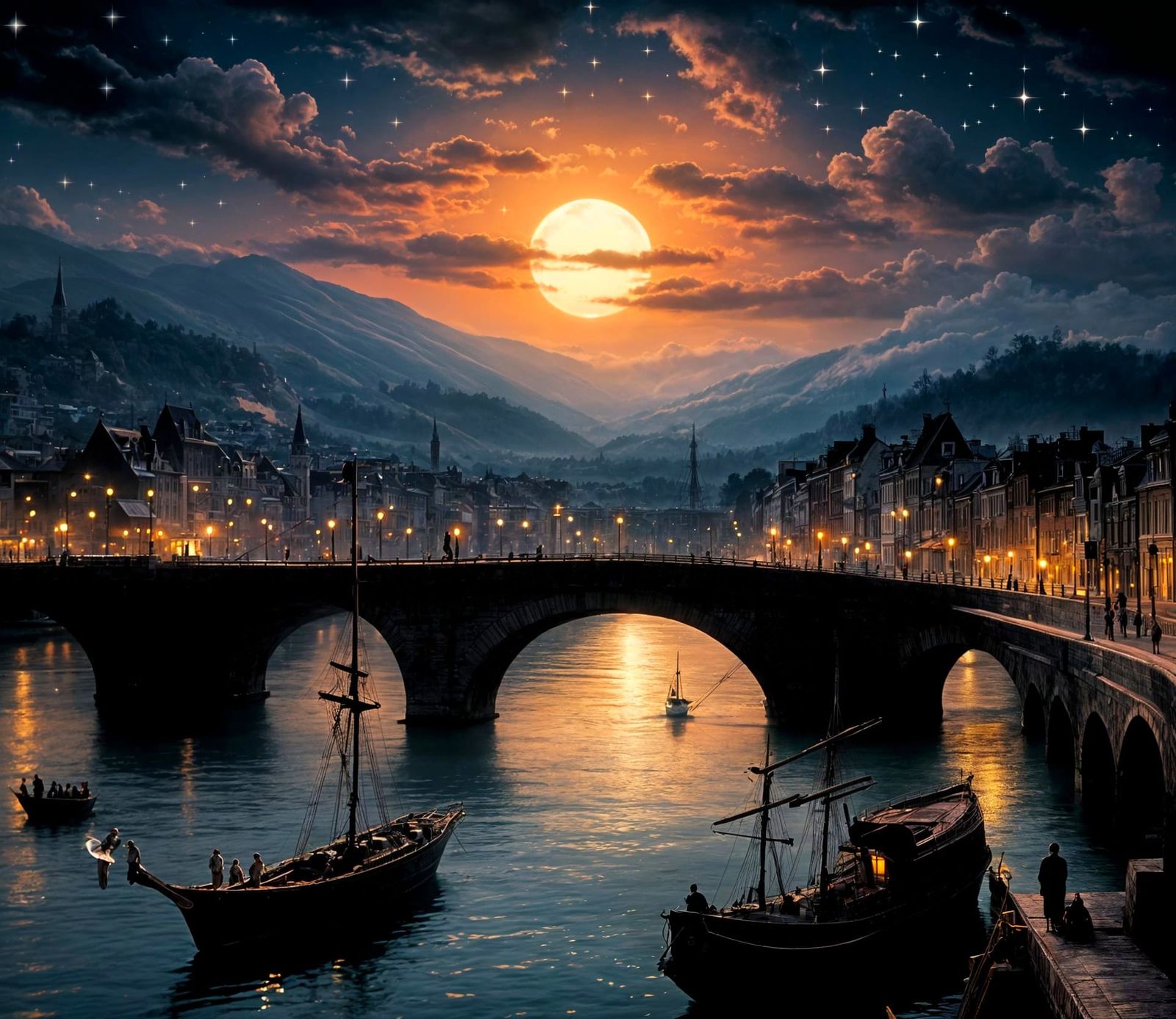 Night View of River Town with Ships