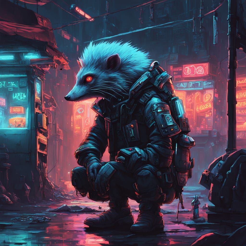 Cyberpunk Hedgehog Bartender in Dystopian Sci-Fi Bar