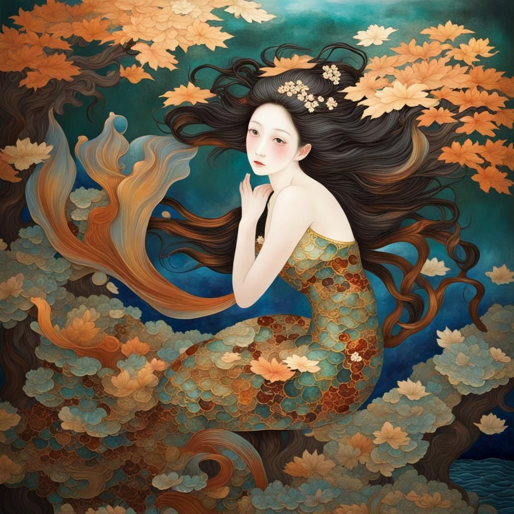 Autumn Mermaids in Enamel and Lacquer Style