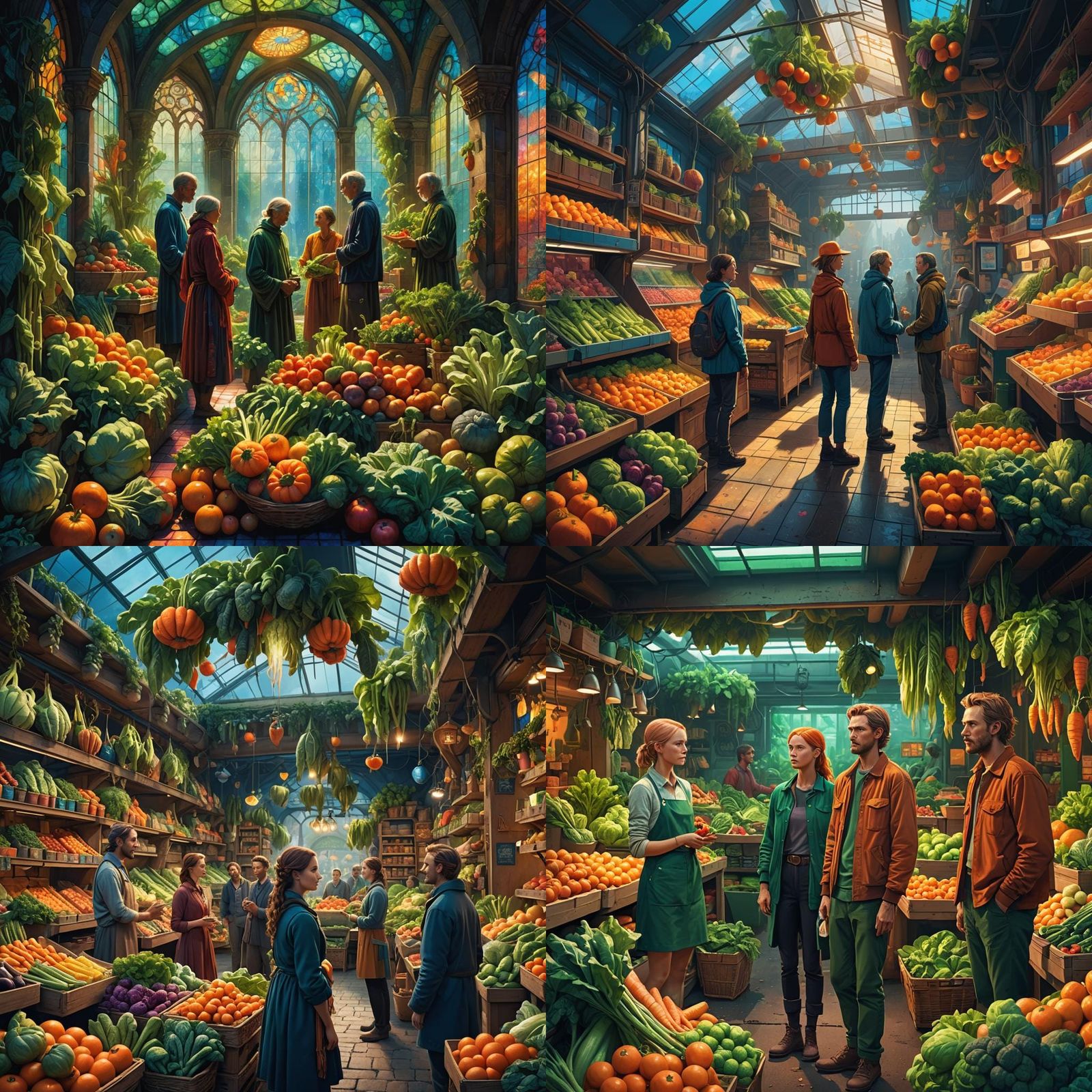 People Shopping at Vegetable Store in Detailed Painting