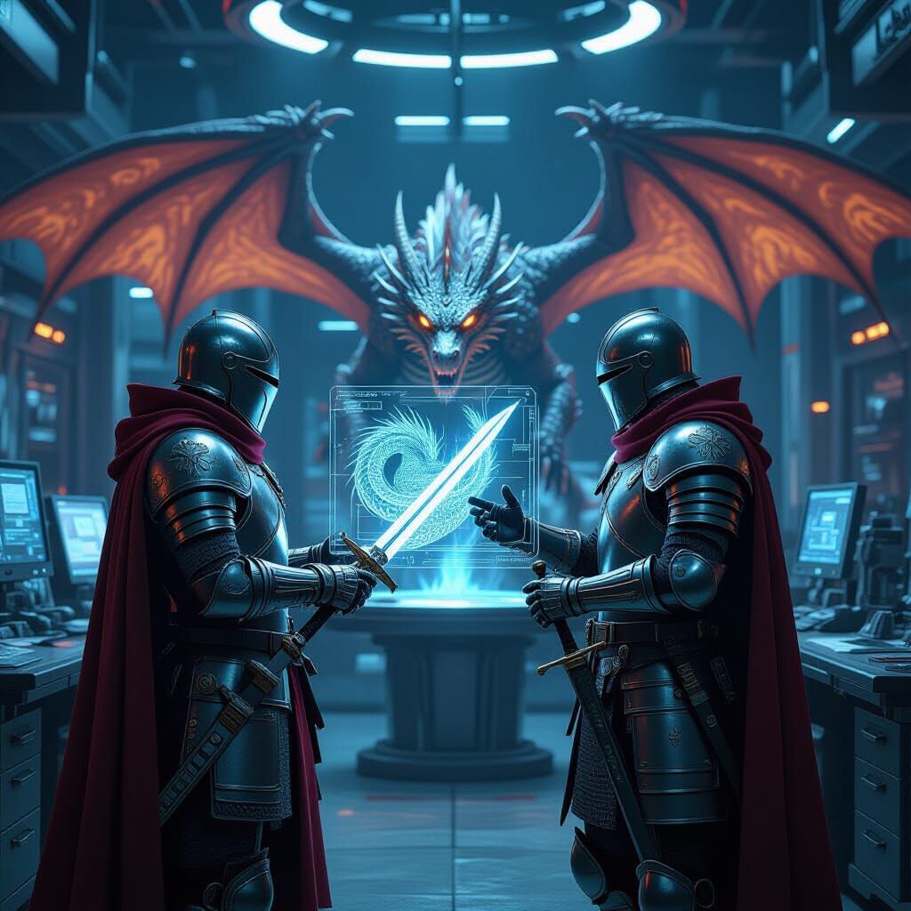 Knight in Cyberpunk Lab Examines Dragon Hologram