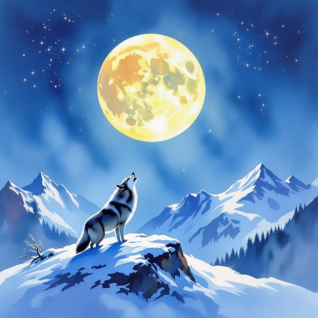 Expressive Watercolor Wolf Howling at Moonlit Mountain