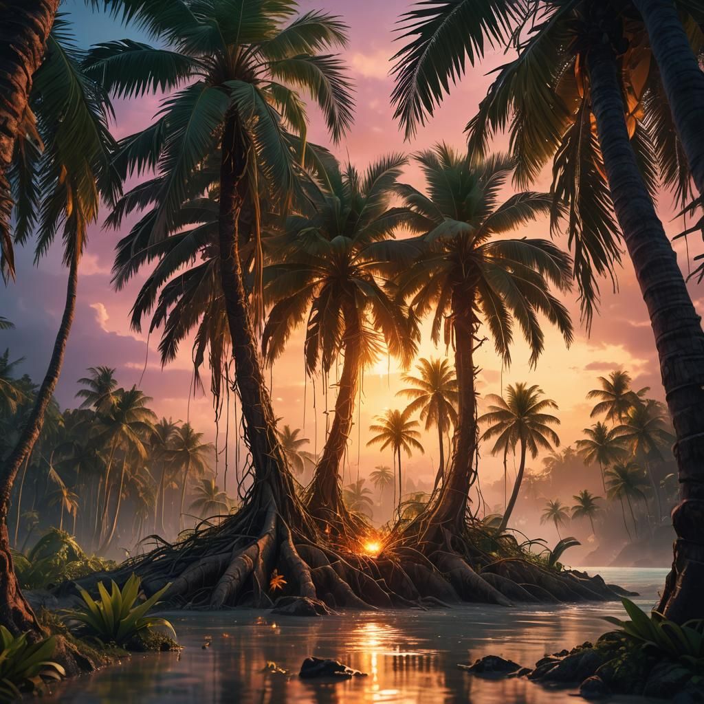 Glowing Palm Trees and Tropical Portal