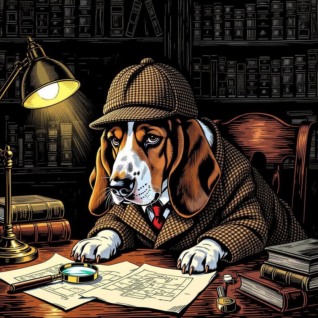 Basset Hound Detective in Tweed Coat Sniffing Ground
