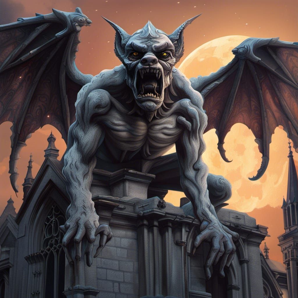 Menacing Gargoyle on Gothic Church in Hyperrealism