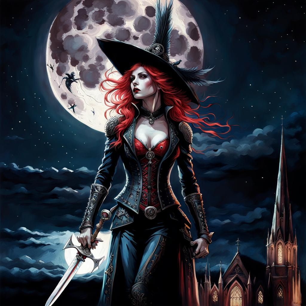 Vampire Hunter Woman on Gothic Church at Night