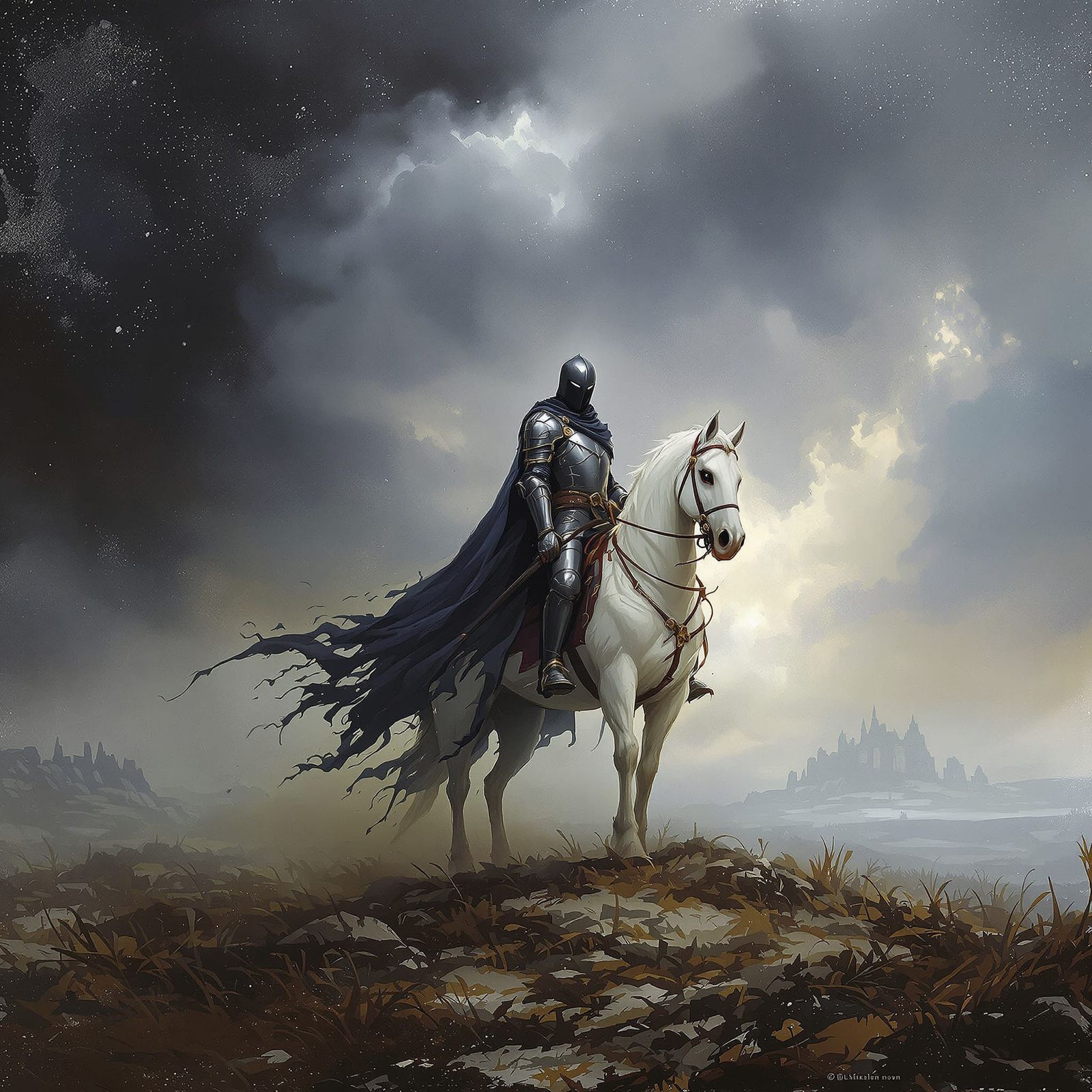 Knight on White Horse in Stormy Battlefield, Romanticism Sty...