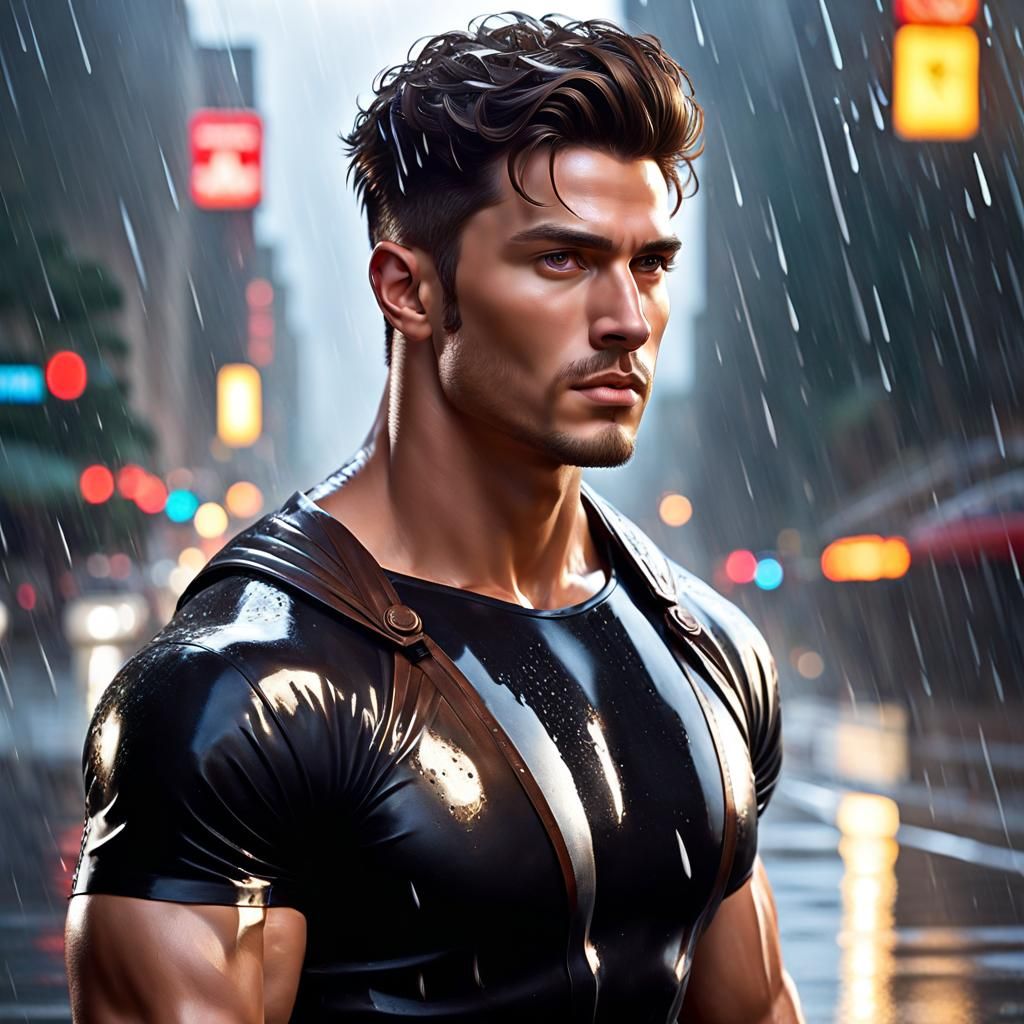 Hyperrealistic Photo of Handsome Man in Rain