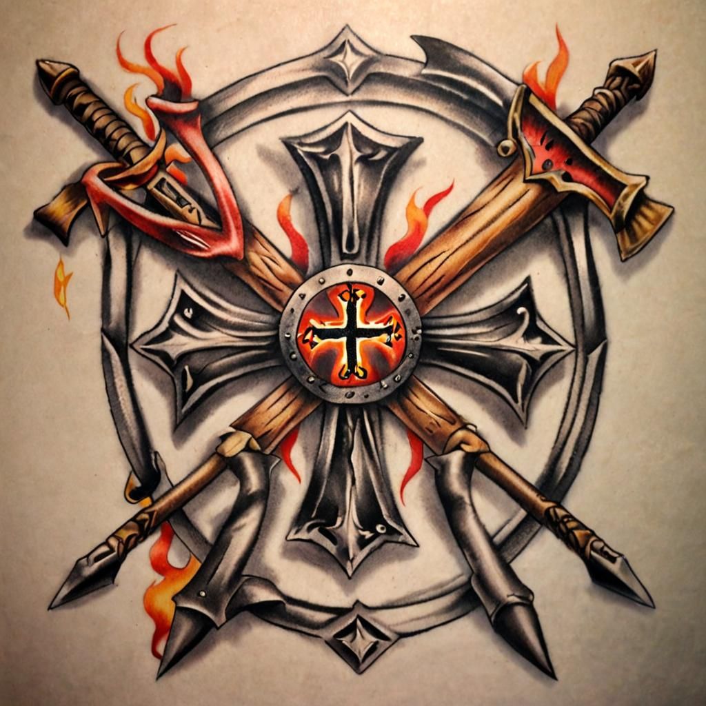 Tattoo, Maltese Cross, Crossed pike pole and fire axe,