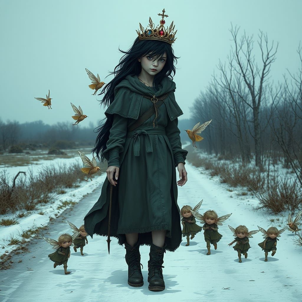 Mystical Young Witch Walks Snowy Road with Mischievous Fae