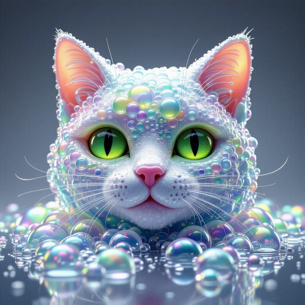 Rainbow Soap Bubble Cat Sculpture: 3D Render