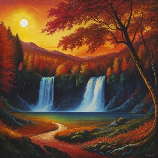 Synthwave Waterfall in Autumn Forest Sunset