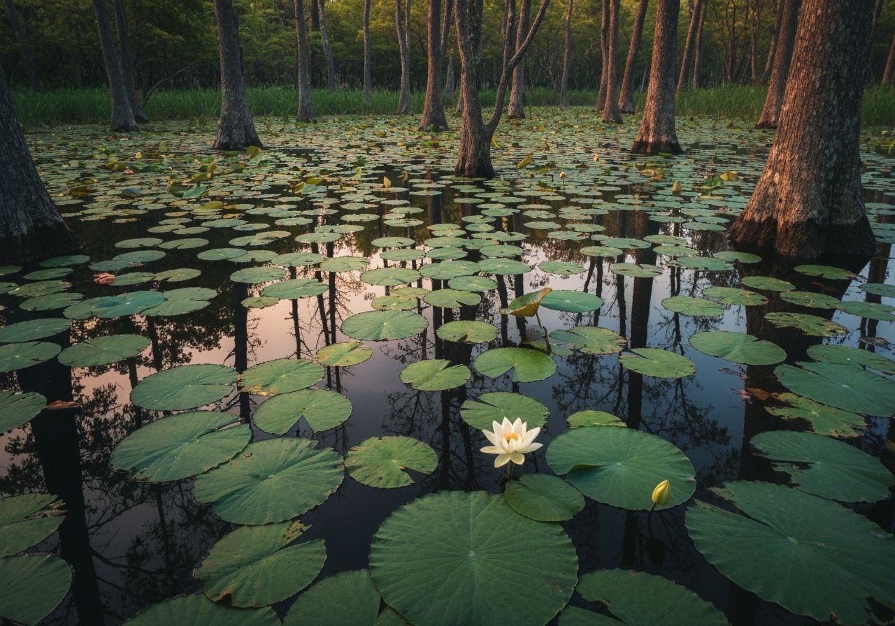 Mystical Forest Pond at Dusk with Blooming Lotus