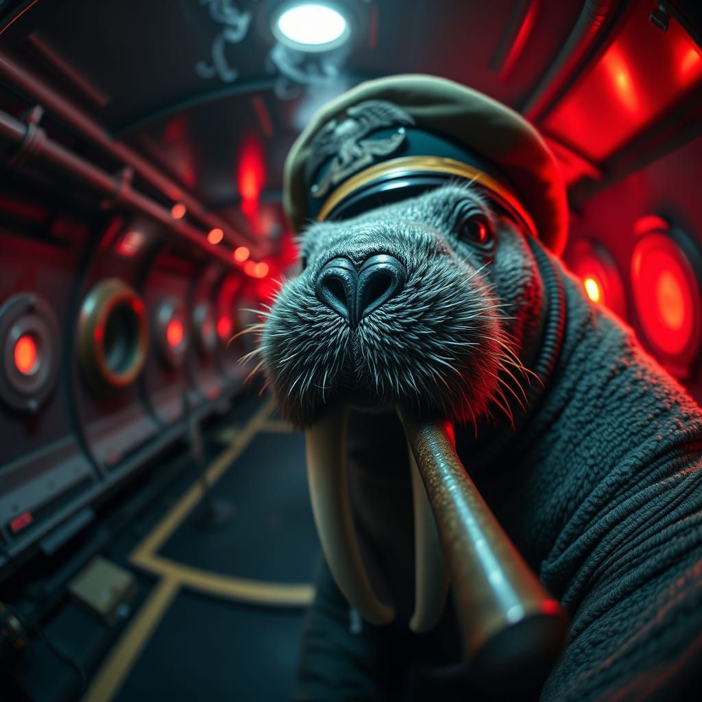 Funny Walrus Captain Photobombing Submarine Interior