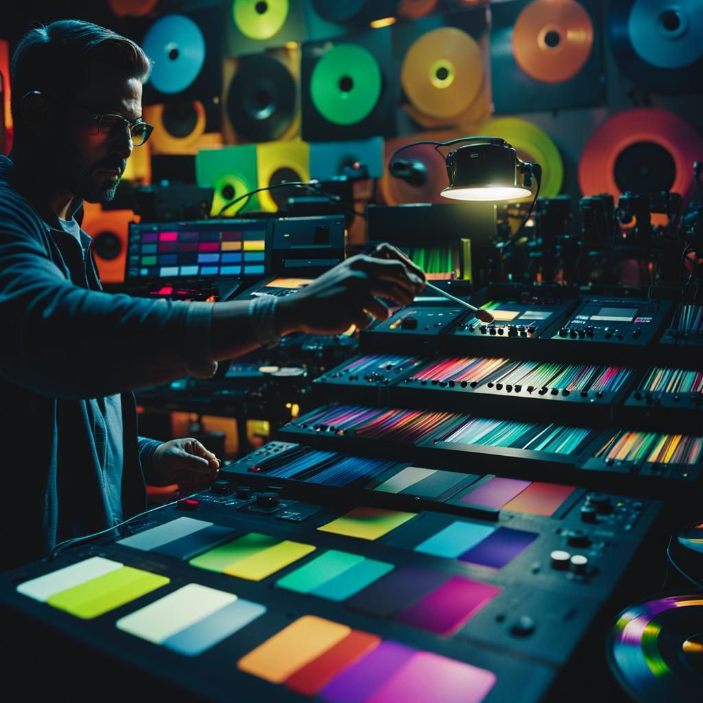 Producer Mixing Paint in Dimly Lit Studio: Cinematic Shot