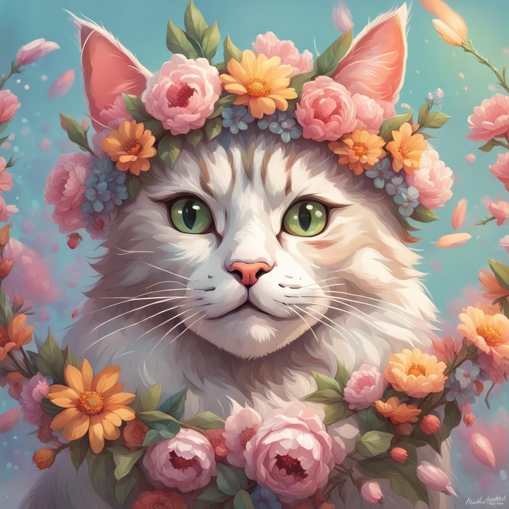 Grinning Cat with Flower Garland: Hyperdetailed Art Nouveau ...